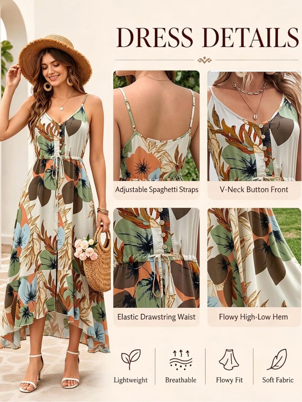 Beautiful BOLD Floral & Leaf Print Glowy Boho Bohemian Sun Dress Sundress Med - Picture 7 of 7